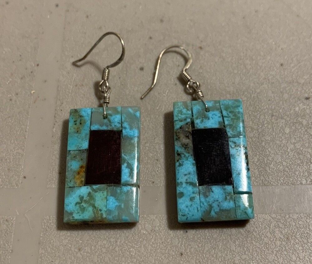 Vtg Turquoise Black Onyx Inlay Dangle Hook Earrings South Western Ethnic Boho